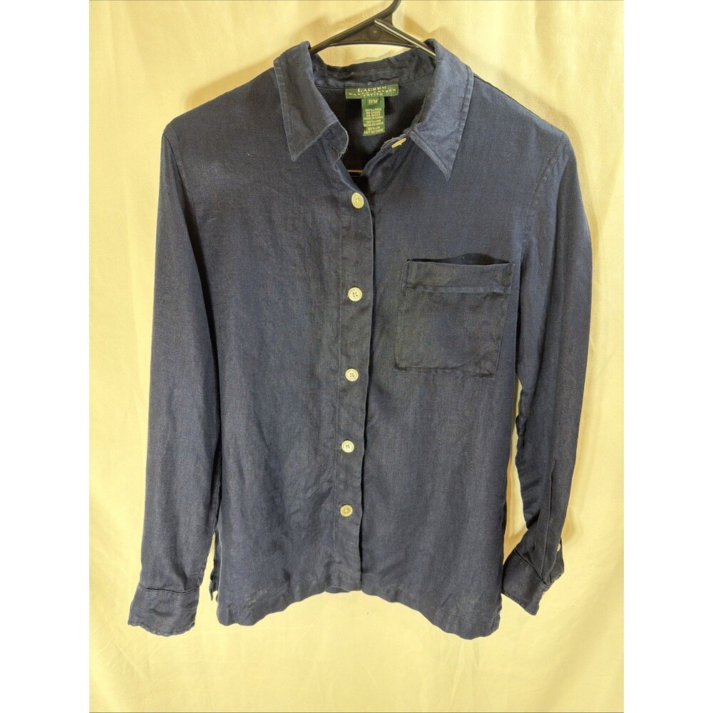 Lauren Ralph Lauren Linen Button Up Shirt Womens PM Long Sleeve Blue Pocket